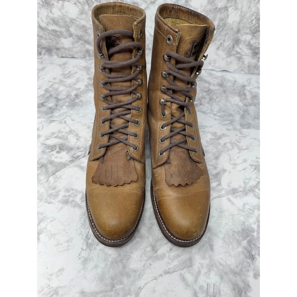 Justin Boots 🦋🤎🦋 Tan Leather Lace Up Kiltie Western festival boots -7 - Picture 8 of 8